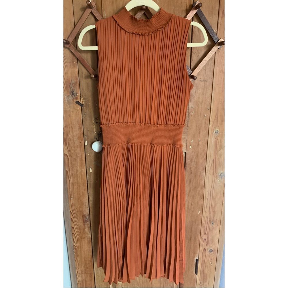 Nanette Lepore pleated accordion mock turtleneck sleeveless midi dress